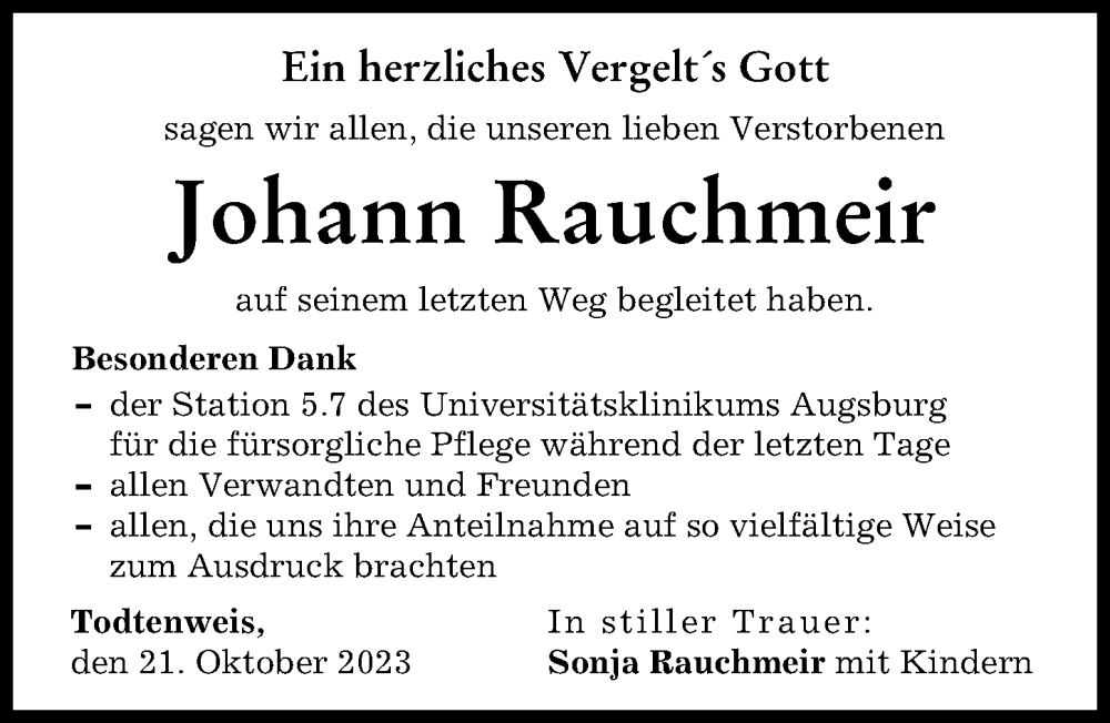 Traueranzeige von Johann Rauchmeir von Augsburger Allgemeine
