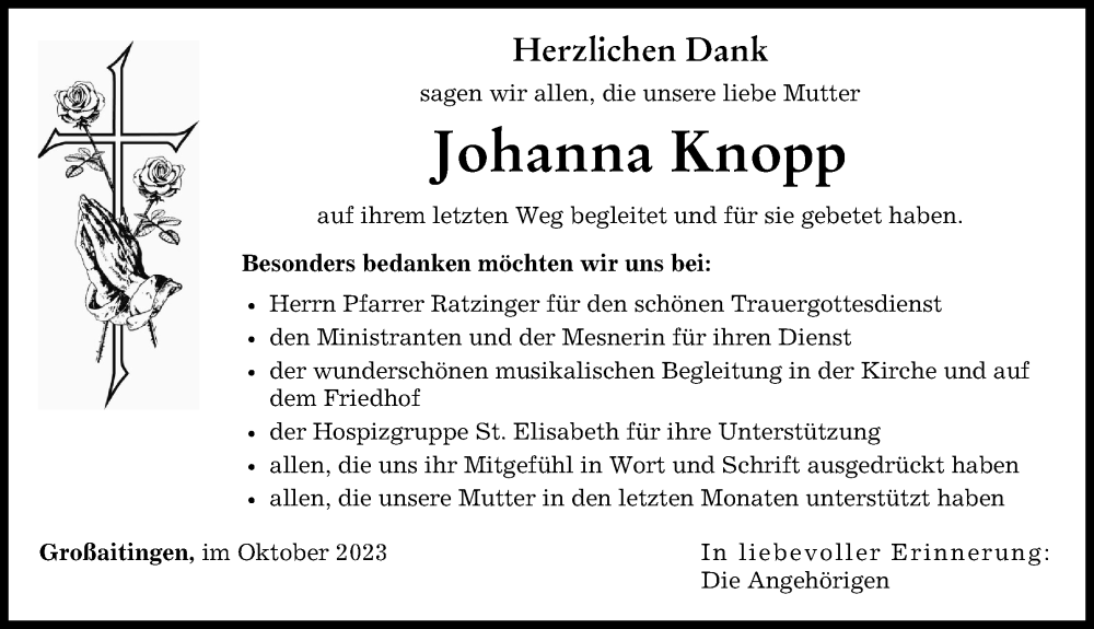 Traueranzeige von Johanna Knopp von Schwabmünchner Allgemeine