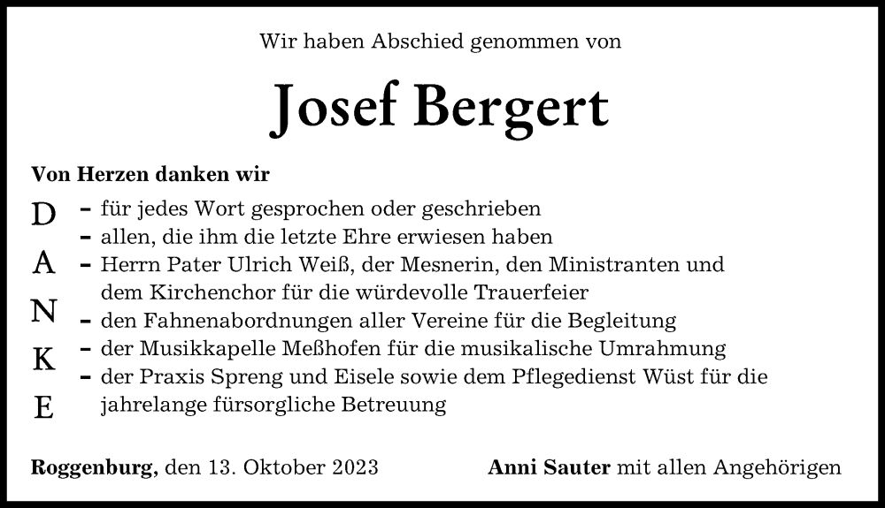  Traueranzeige für Josef Bergert vom 13.10.2023 aus Neu-Ulmer Zeitung