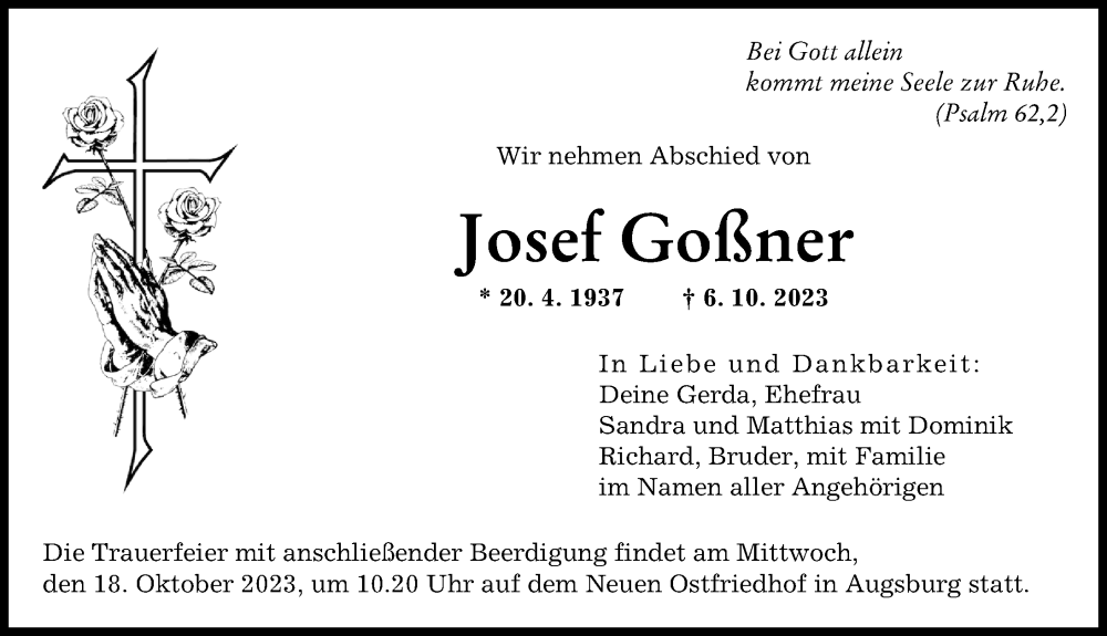 Traueranzeige von Josef Goßner von Augsburger Allgemeine