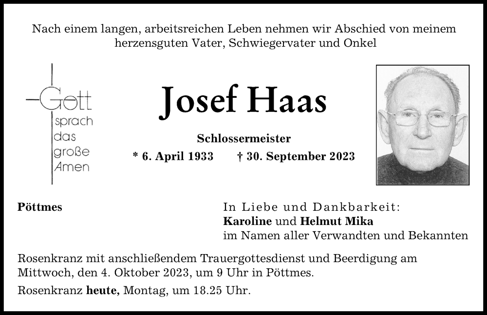  Traueranzeige für Josef Haas vom 02.10.2023 aus Aichacher Nachrichten