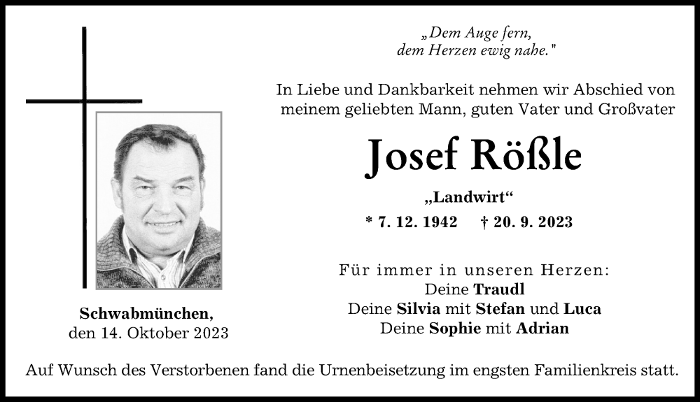 Traueranzeige von Josef Rößle von Schwabmünchner Allgemeine