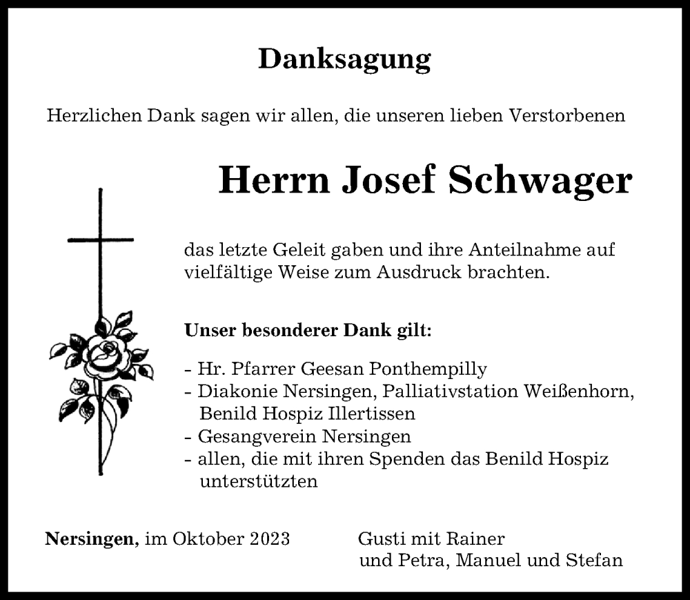 Traueranzeige für Josef Schwager vom 18.10.2023 aus Neu-Ulmer Zeitung