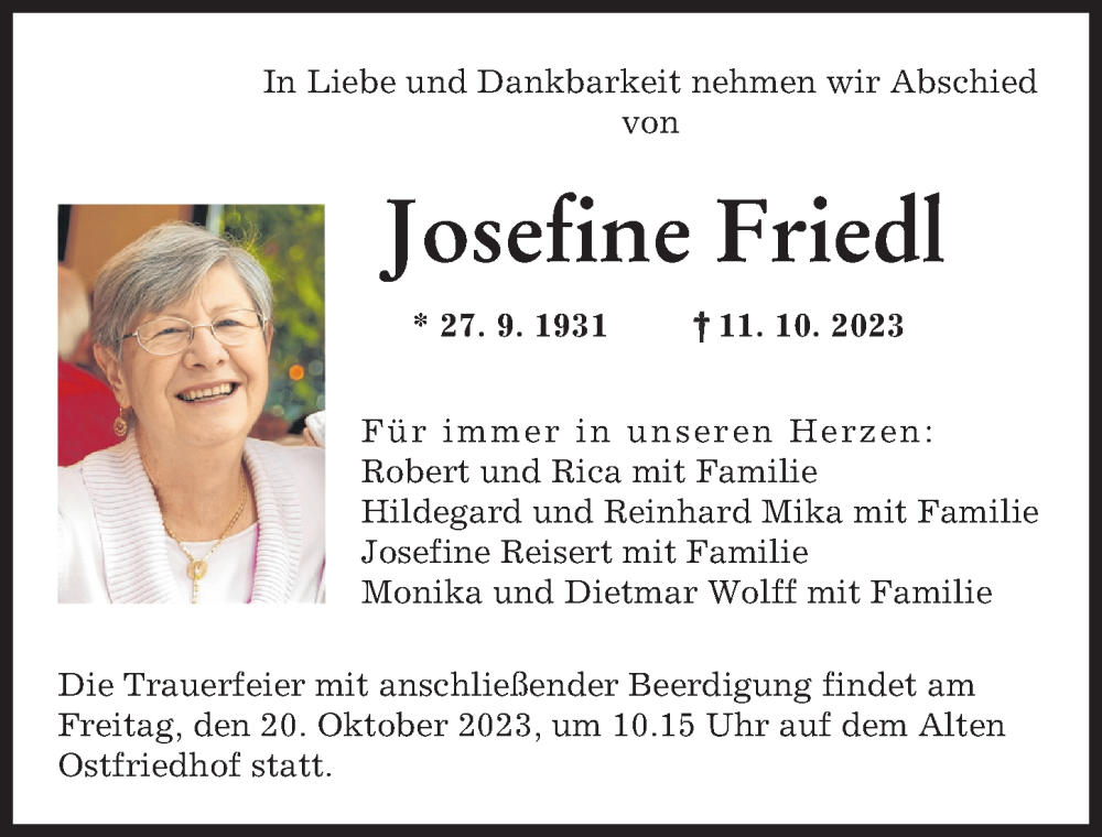 Traueranzeigen Von Josefine Friedl | Augsburger Allgemeine Zeitung