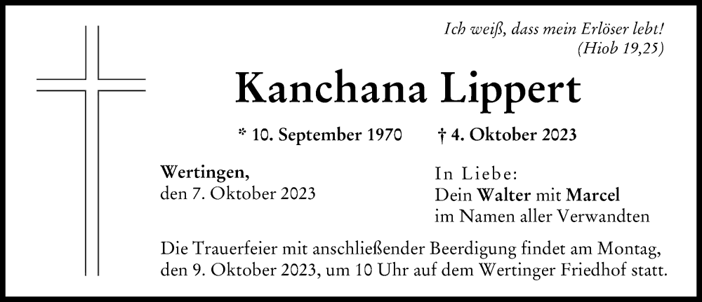 Traueranzeige von Kanchana Lippert von Wertinger Zeitung