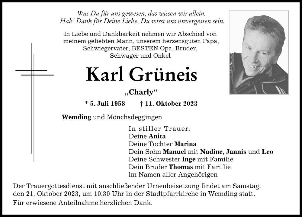  Traueranzeige für Karl Grüneis vom 19.10.2023 aus Donauwörther Zeitung