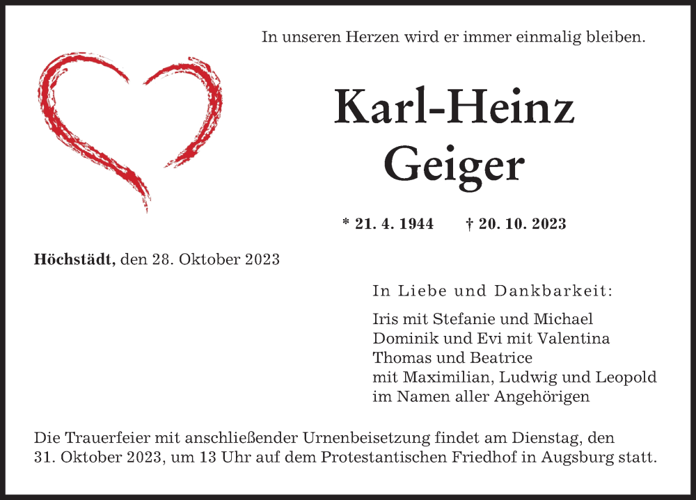 Traueranzeige von Karl-Heinz Geiger von Donau Zeitung, Augsburger Allgemeine