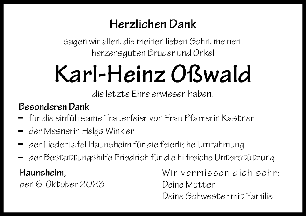  Traueranzeige für Karl-Heinz Oßwald vom 06.10.2023 aus Donau Zeitung