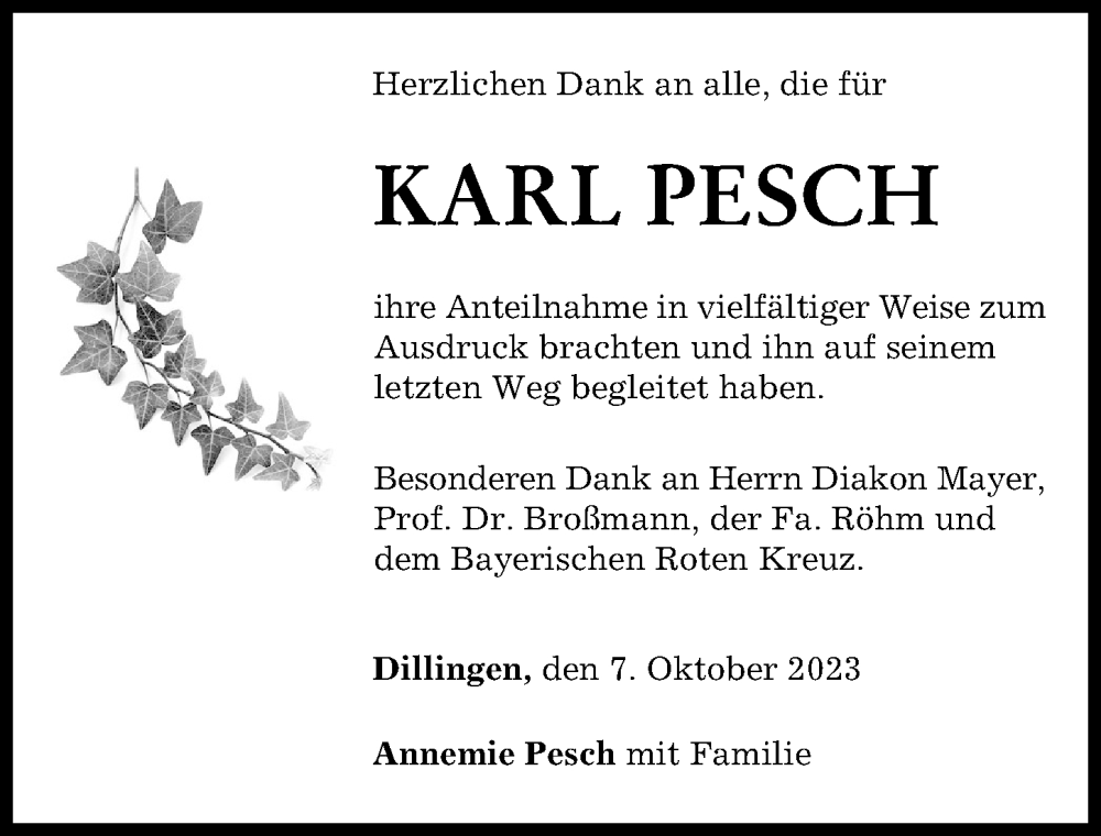 Traueranzeige von Karl Pesch von Donau Zeitung