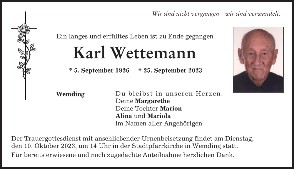 Traueranzeige von Karl Wettemann von Donauwörther Zeitung