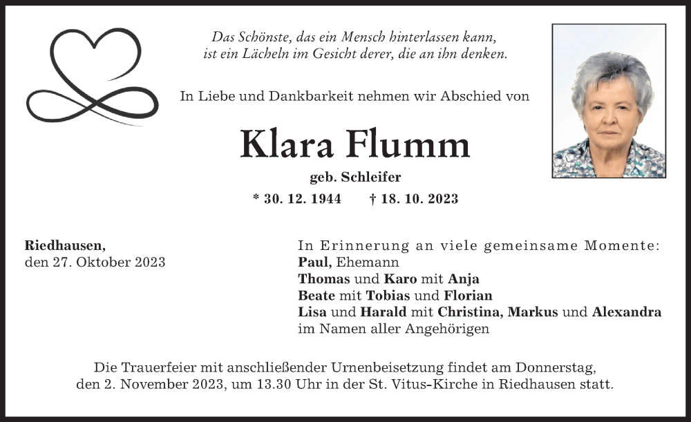Traueranzeige von Klara Flumm von Günzburger Zeitung
