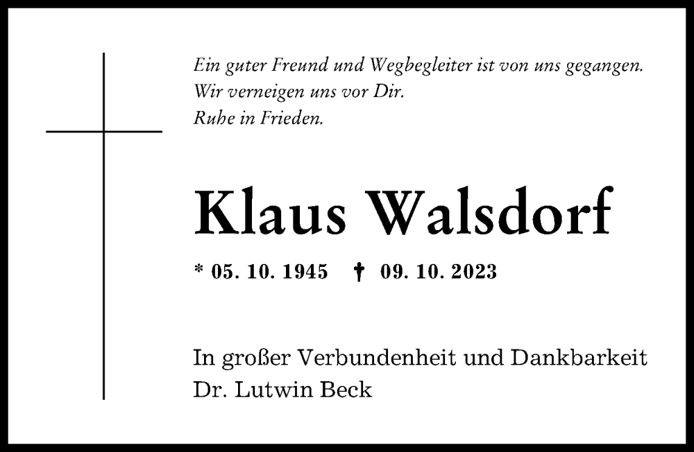 Traueranzeige von Klaus Walsdorf von Augsburger Allgemeine