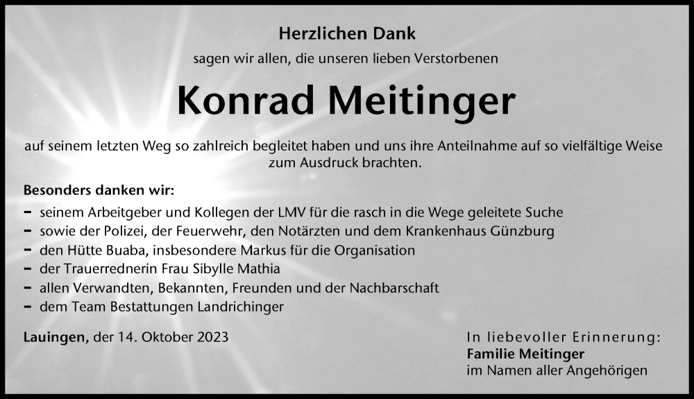  Traueranzeige für Konrad Meitinger vom 14.10.2023 aus Donau Zeitung