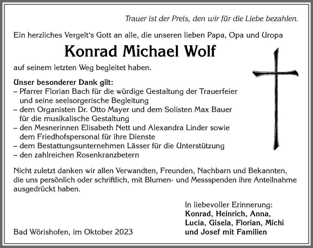  Traueranzeige für Konrad Michael Wolf vom 14.10.2023 aus Mindelheimer Zeitung