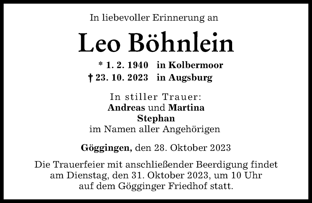 Traueranzeige von Leo Böhnlein von Augsburger Allgemeine