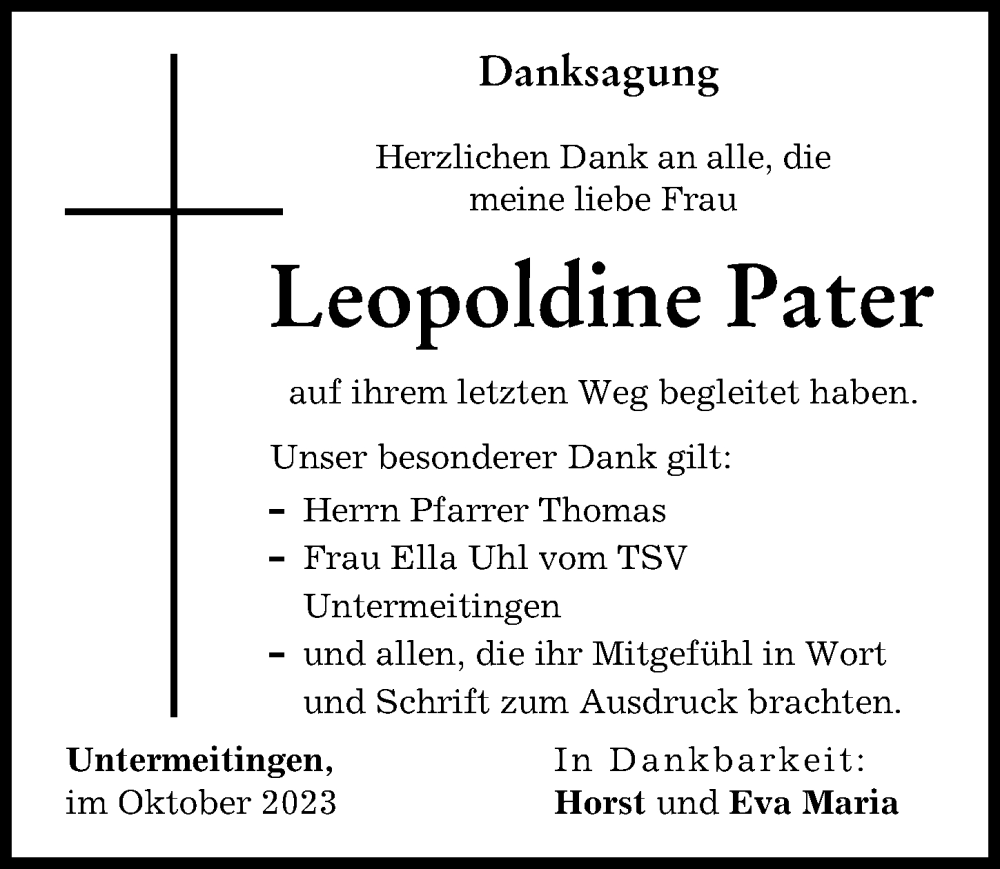 Traueranzeige von Leopoldine Pater von Schwabmünchner Allgemeine