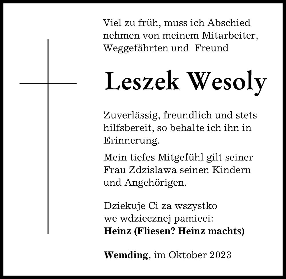 Traueranzeige von Leszek Wesoly von Donauwörther Zeitung, Rieser Nachrichten