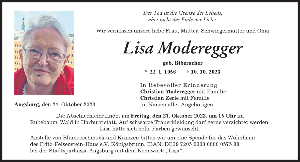 Traueranzeige von Lisa Moderegger von Augsburger Allgemeine