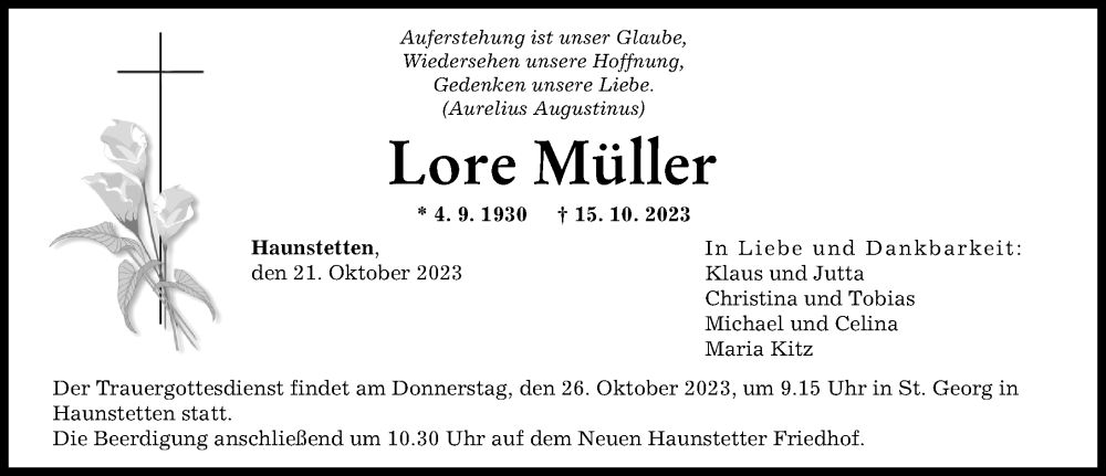 Traueranzeige von Lore Müller von Augsburger Allgemeine