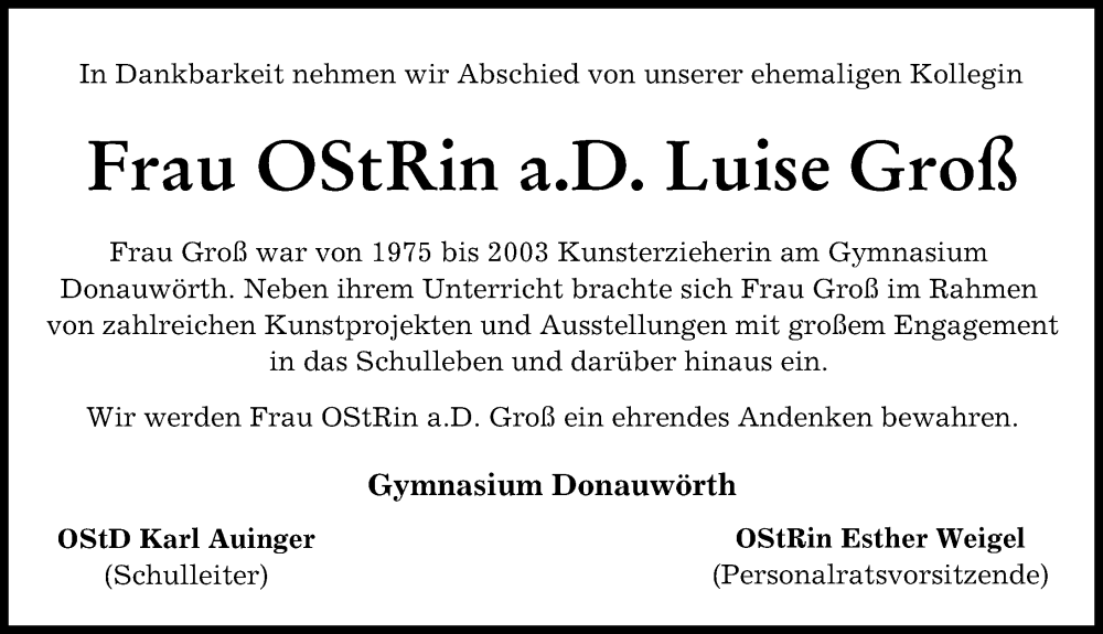 Traueranzeige von Luise Groß von Donauwörther Zeitung