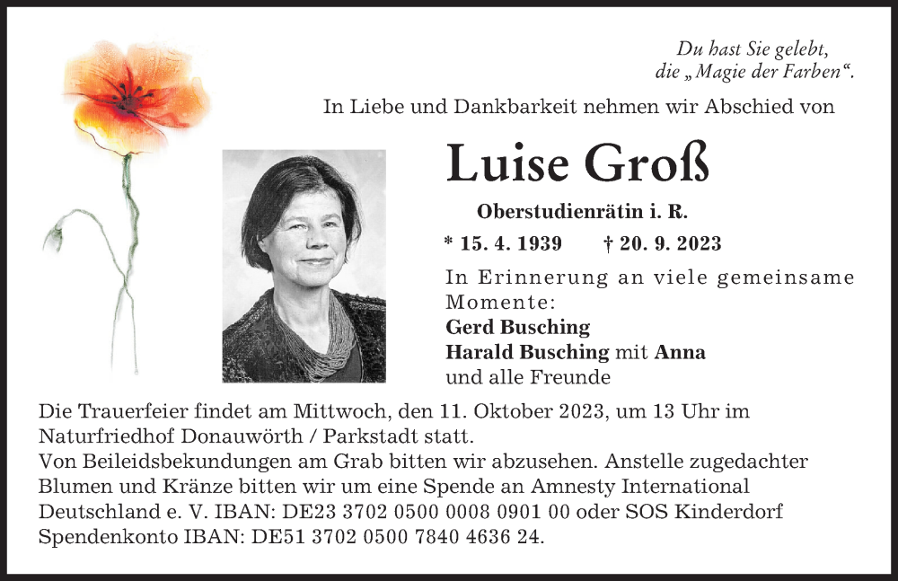 Traueranzeige von Luise Groß von Donauwörther Zeitung