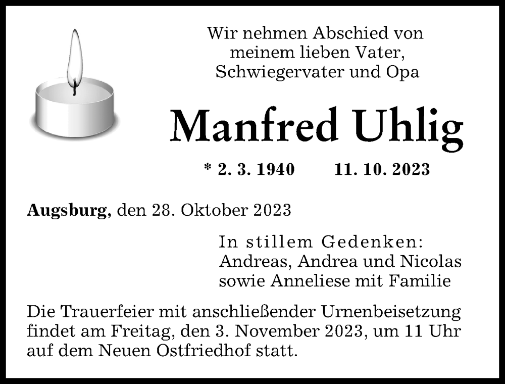 Traueranzeige von Manfred Uhlig von Augsburger Allgemeine