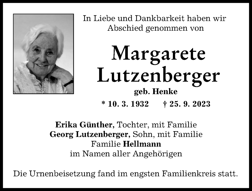 Traueranzeige von Margarete Lutzenberger von Günzburger Zeitung