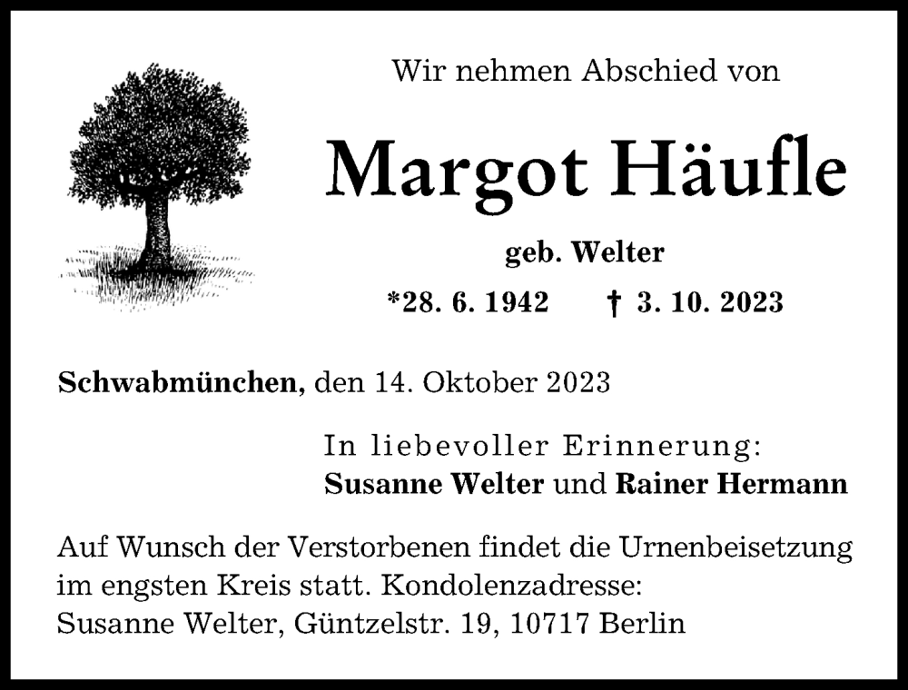 Traueranzeige von Margot Häufle von Augsburger Allgemeine