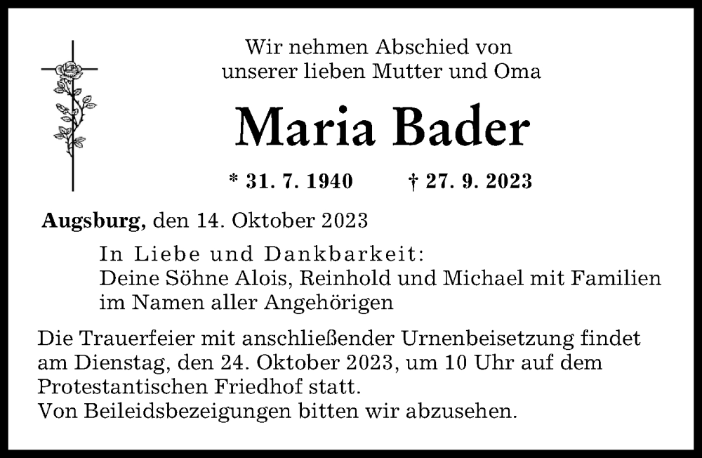 Traueranzeige von Maria Bader von Augsburger Allgemeine