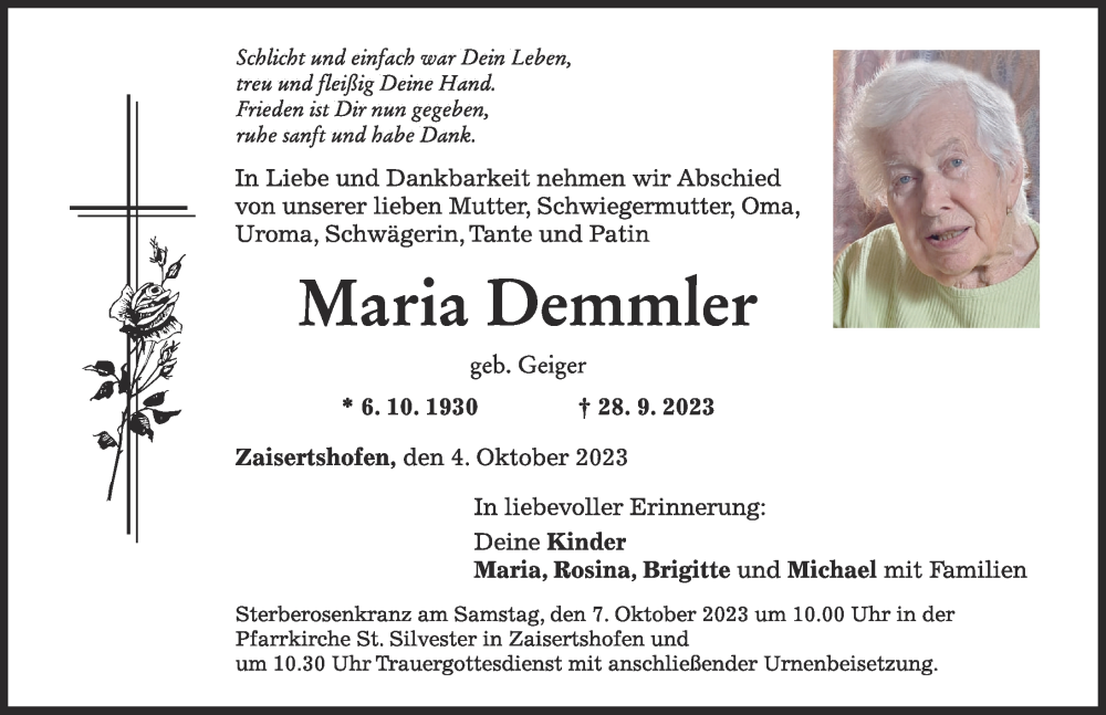 Traueranzeigen von Maria Demmler | Augsburger Allgemeine Zeitung