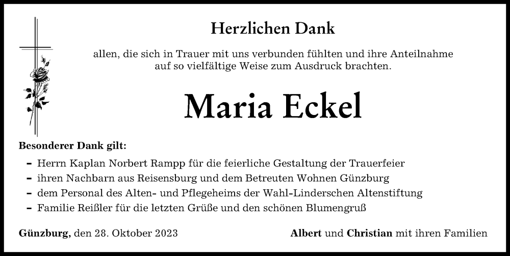 Traueranzeige von Maria Eckel von Günzburger Zeitung