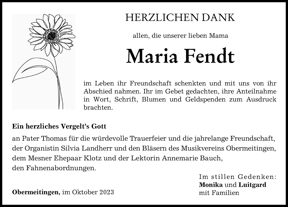  Traueranzeige für Maria Fendt vom 21.10.2023 aus Schwabmünchner Allgemeine