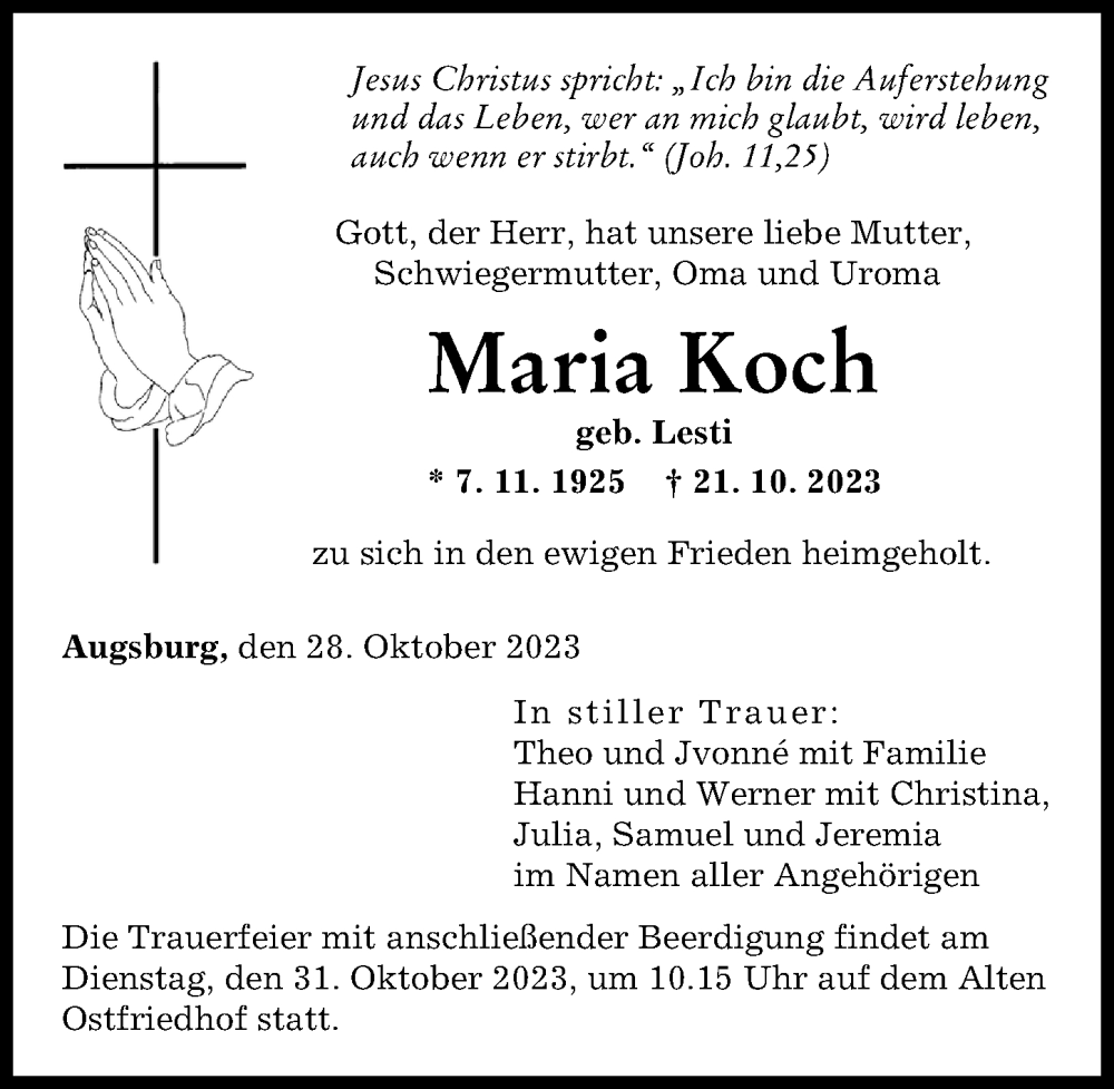 Traueranzeige von Maria Koch von Augsburger Allgemeine