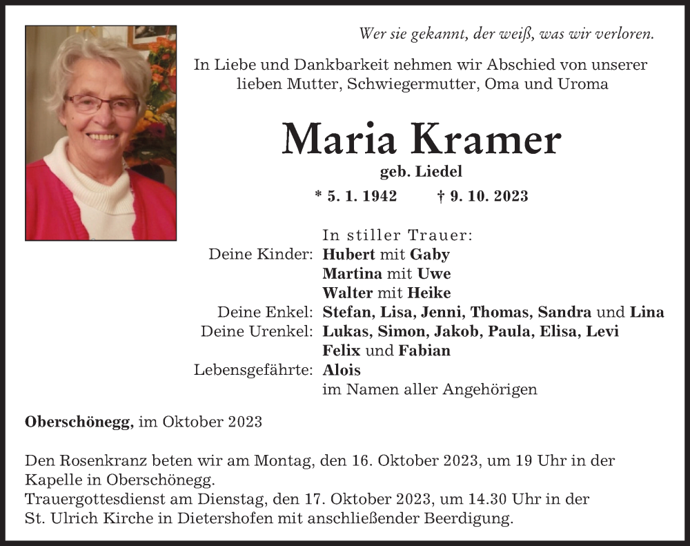  Traueranzeige für Maria Kramer vom 14.10.2023 aus Illertisser Zeitung