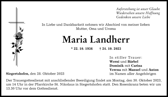 Traueranzeigen von Maria Landherr | Augsburger Allgemeine Zeitung