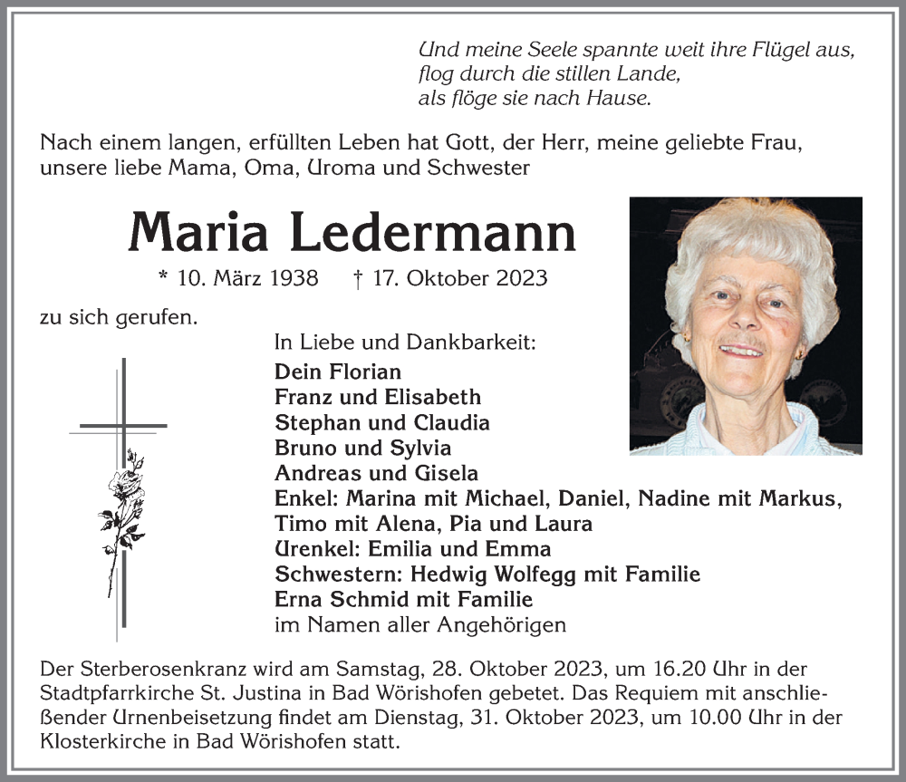 Traueranzeige von Maria Ledermann von Mindelheimer Zeitung