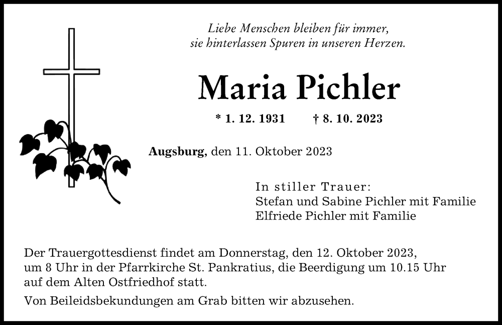 Traueranzeige von Maria Pichler von Augsburger Allgemeine