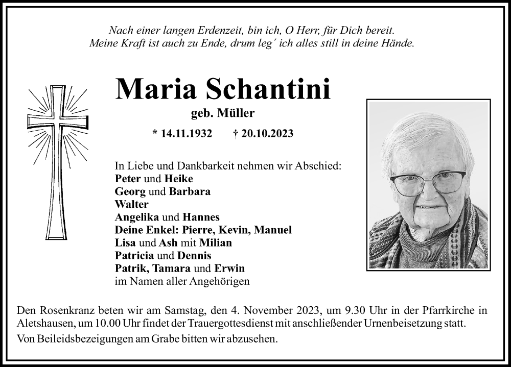 Traueranzeige von Maria Schantini von Mittelschwäbische Nachrichten