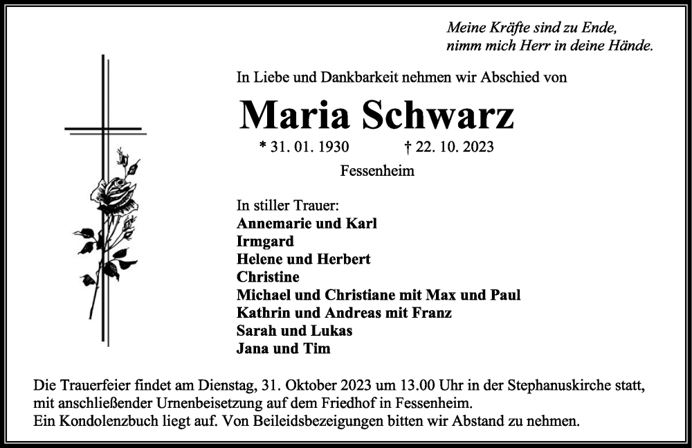 Traueranzeige von Maria Schwarz von Rieser Nachrichten