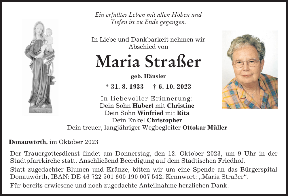 Traueranzeige von Maria Straßer von Donauwörther Zeitung