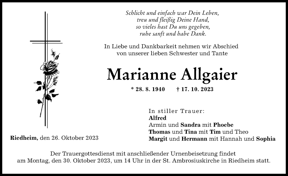 Traueranzeige von Marianne Allgaier von Günzburger Zeitung