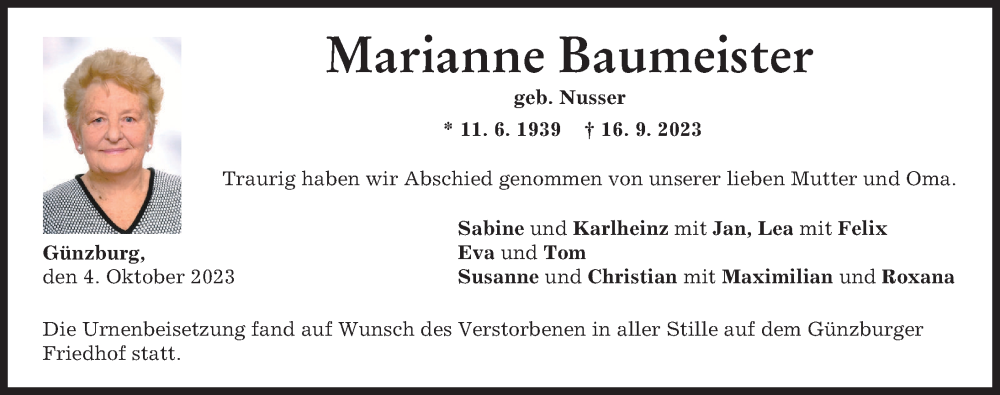 Traueranzeige von Marianne Baumeister von Günzburger Zeitung