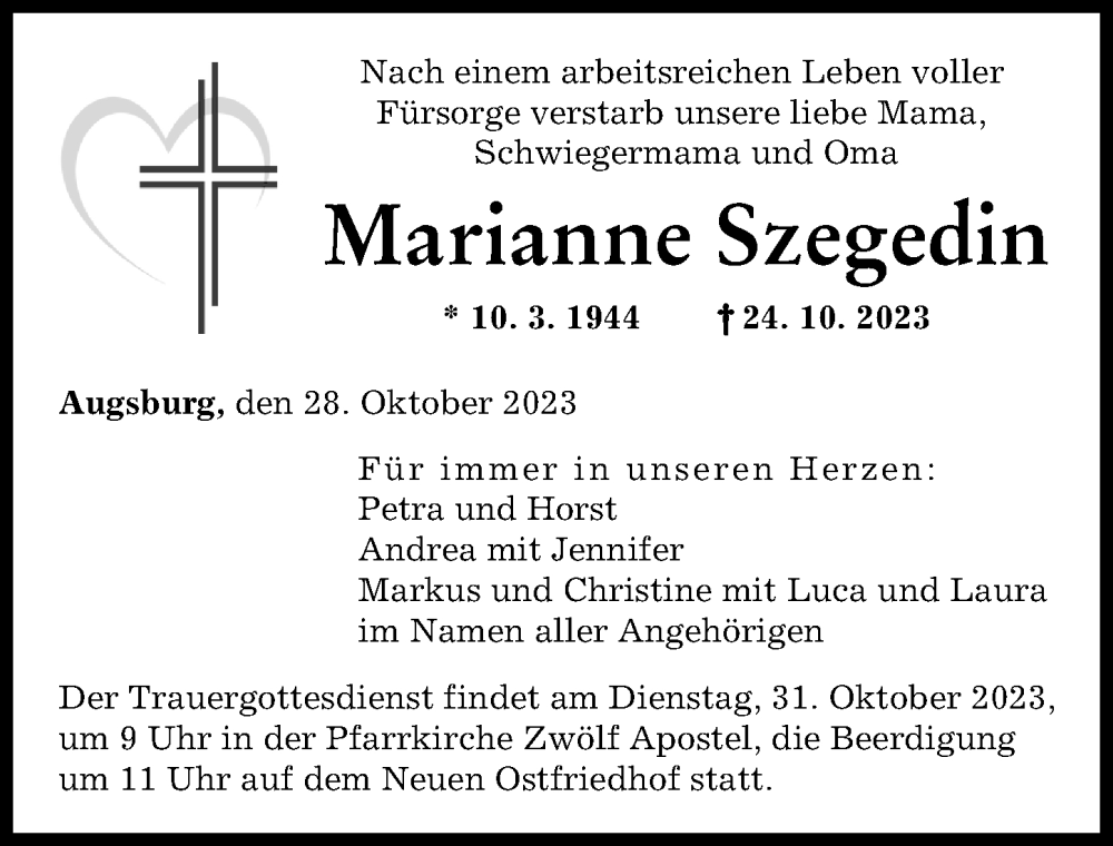 Traueranzeige von Marianne Szegedin von Augsburger Allgemeine