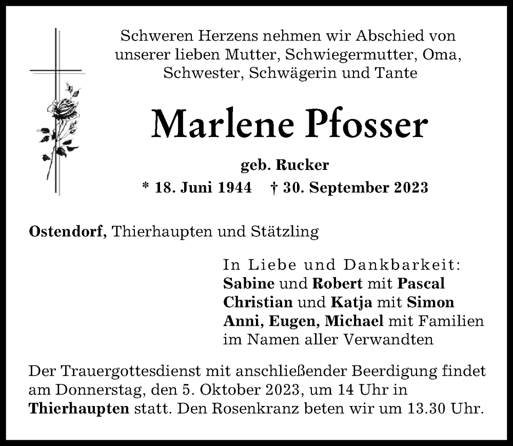  Traueranzeige für Marlene Pfosser vom 02.10.2023 aus Aichacher Nachrichten, Augsburg-Land
