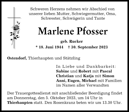 Traueranzeige von Marlene Pfosser von Aichacher Nachrichten, Augsburg-Land