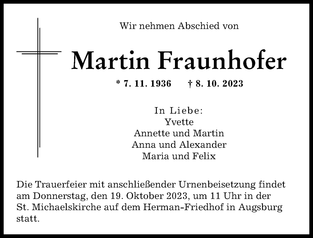 Traueranzeige von Martin Fraunhofer von Augsburger Allgemeine