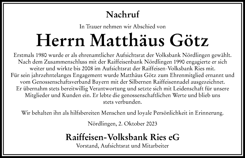  Traueranzeige für Matthäus Götz vom 02.10.2023 aus Rieser Nachrichten