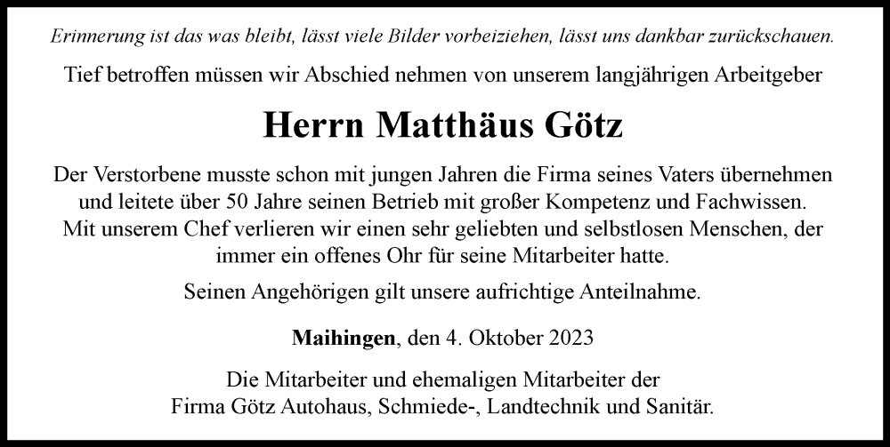  Traueranzeige für Matthäus Götz vom 04.10.2023 aus Rieser Nachrichten
