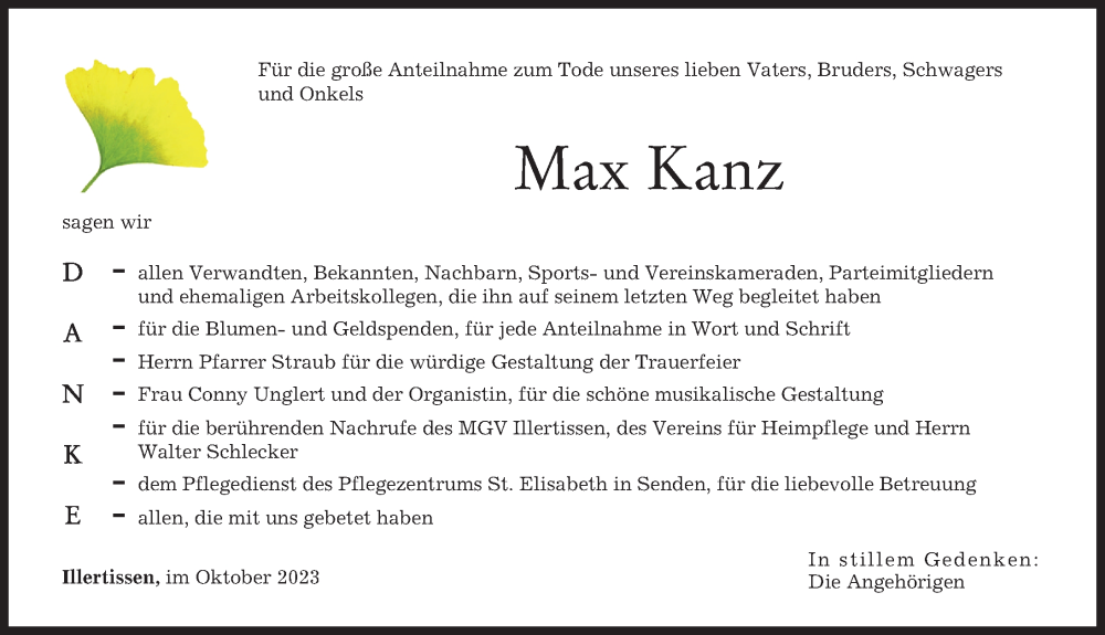  Traueranzeige für Max Kanz vom 14.10.2023 aus Illertisser Zeitung