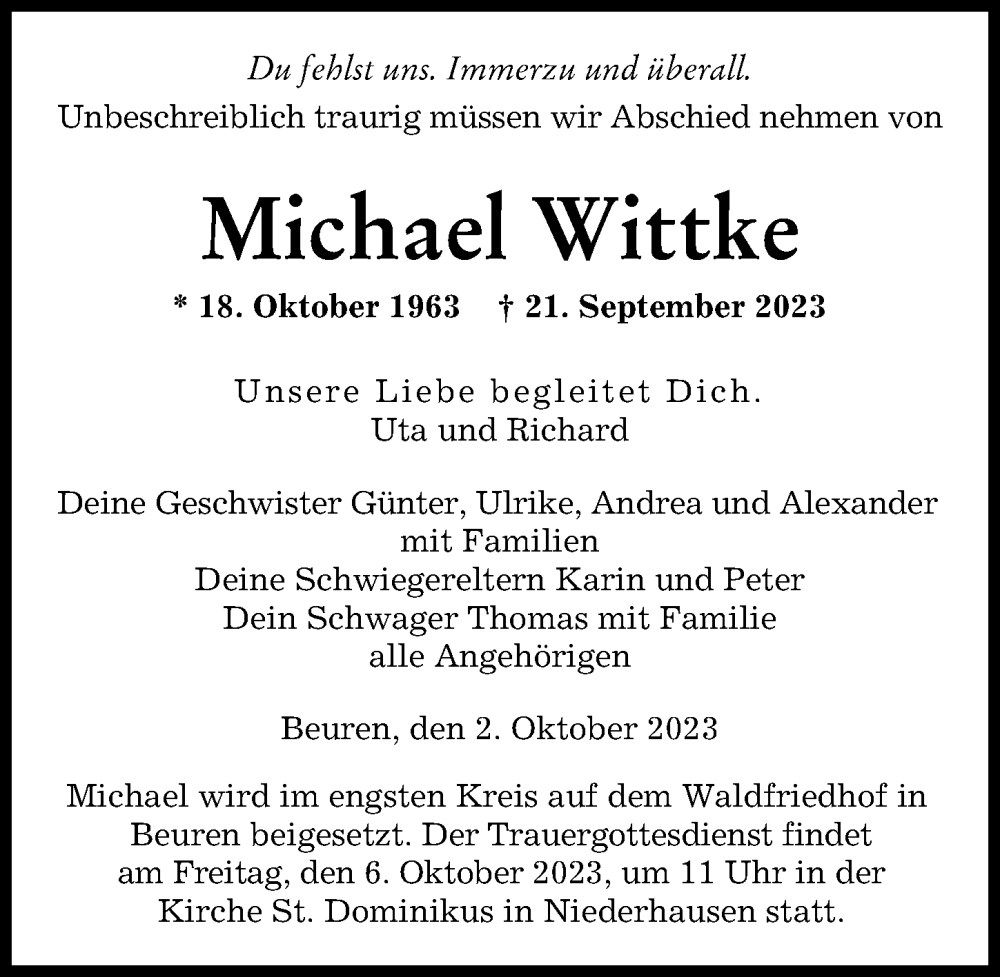  Traueranzeige für Michael Wittke vom 02.10.2023 aus Neu-Ulmer Zeitung